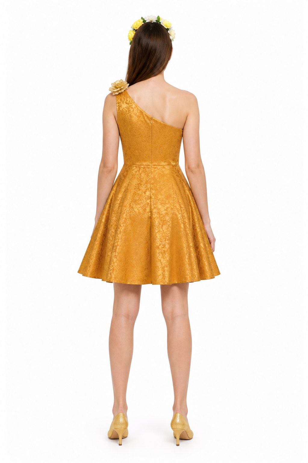 Gold One-Shoulder Dress with Flowers for Cosplay back view