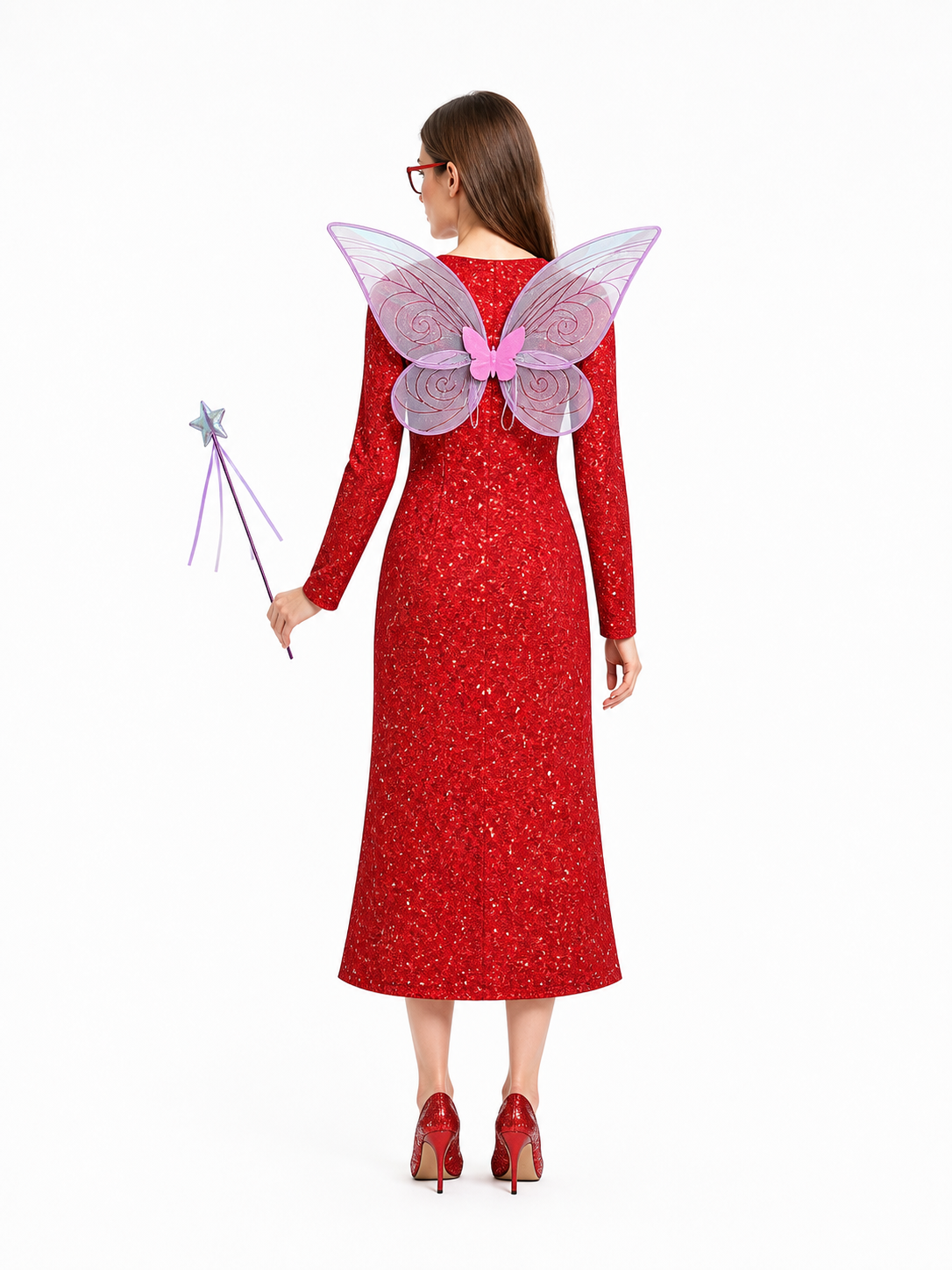 Red Long Cosplay Dress with High Slit back view