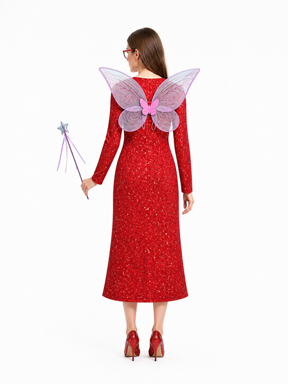 Red Long Cosplay Dress with High Slit back view