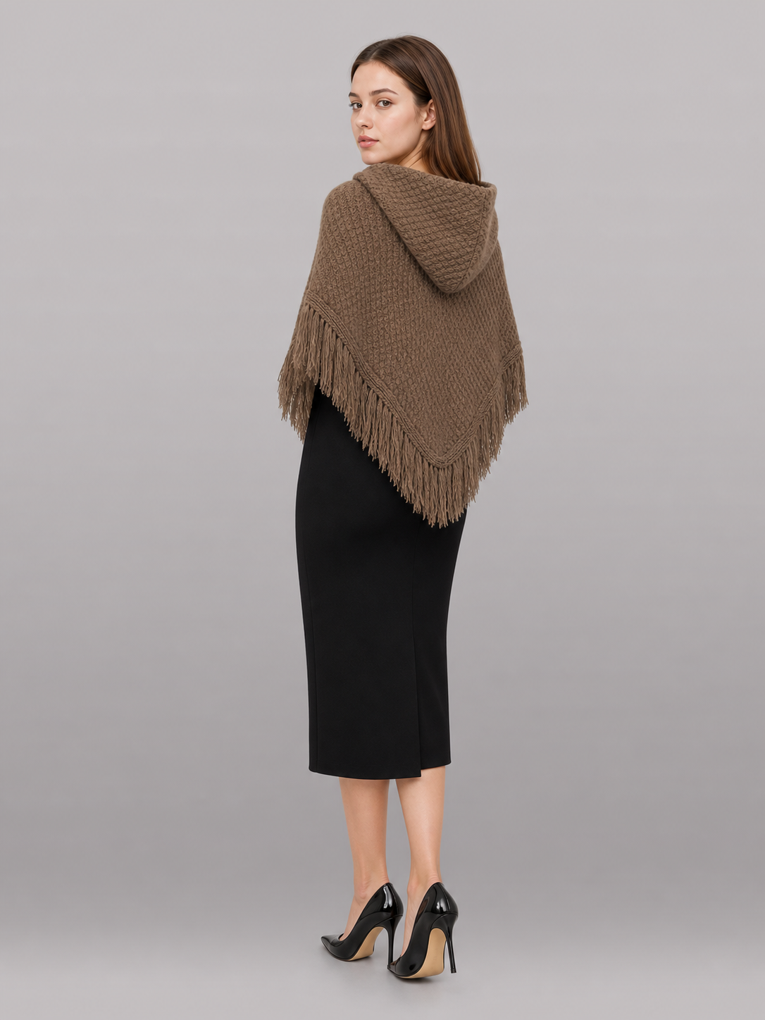 Triangle Hooded Cape with Fringe, Brown