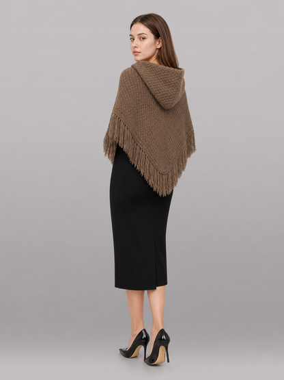 Triangle Hooded Cape with Fringe, Brown