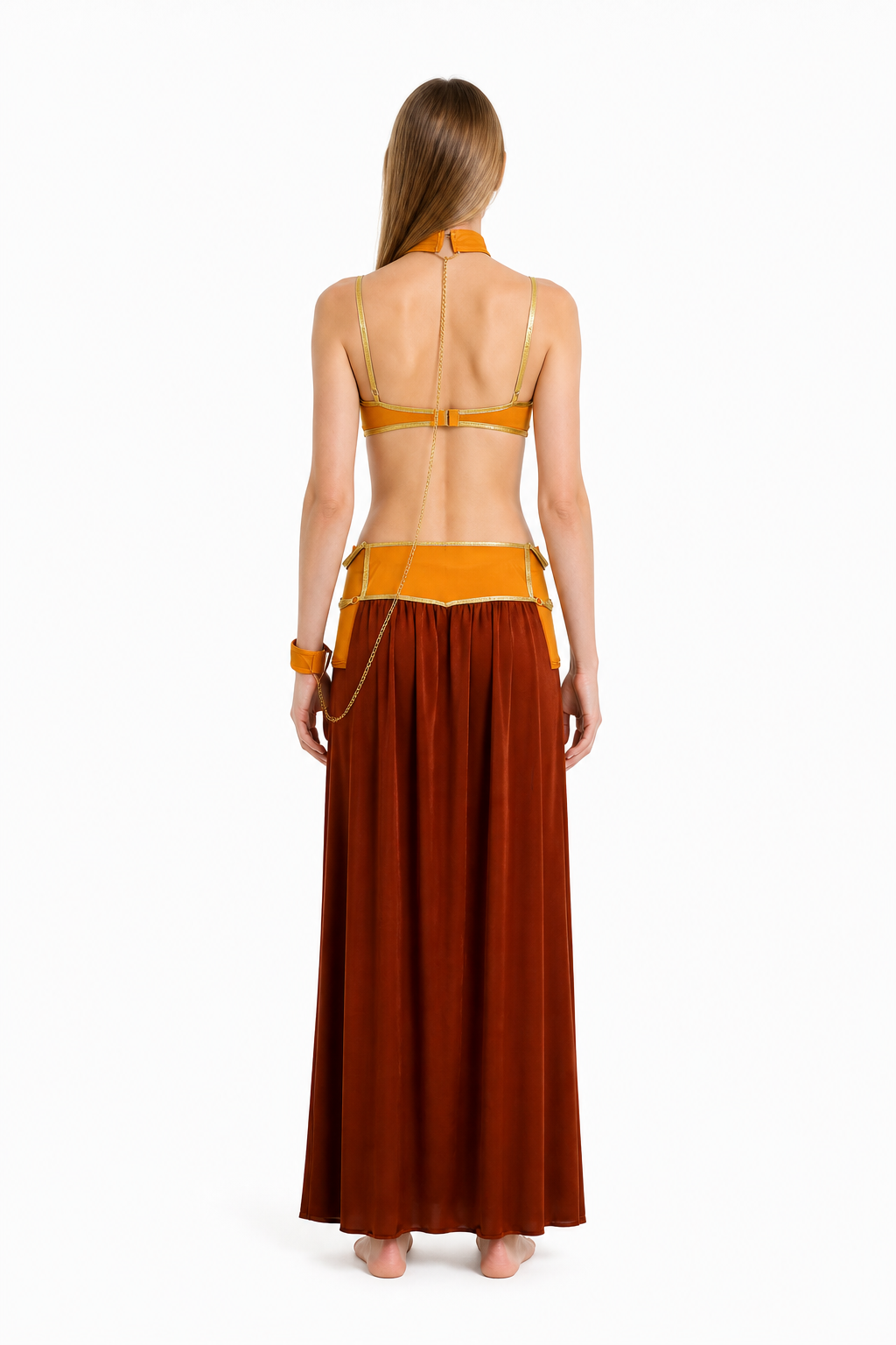 Long Off-the-Shoulder Dress in Orange and Brown back view