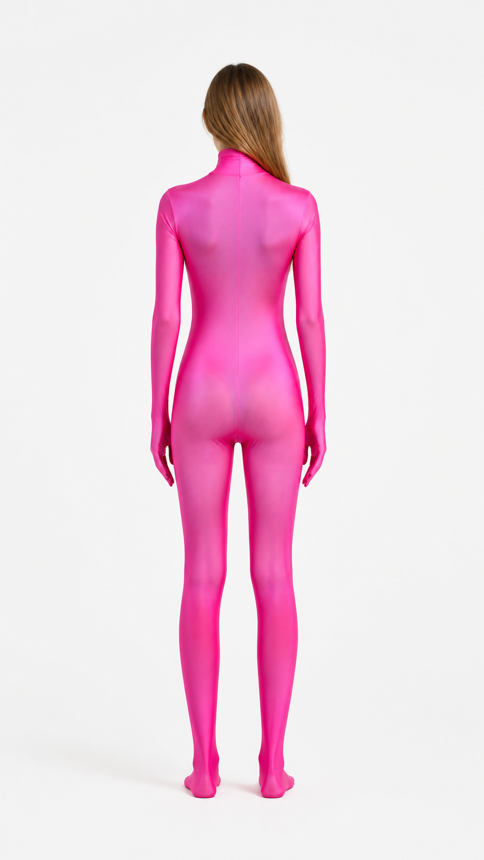 Zentai bodysuit with hood, gloves, and covered feet back view