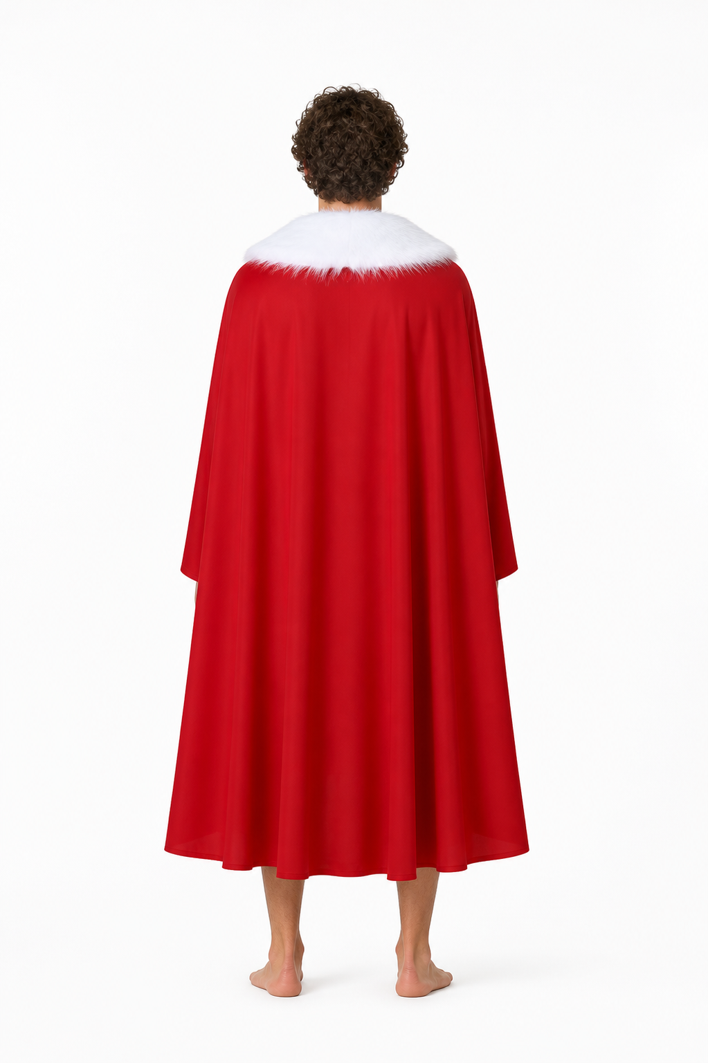 Long Red Cape with a White Fluffy Collar back view