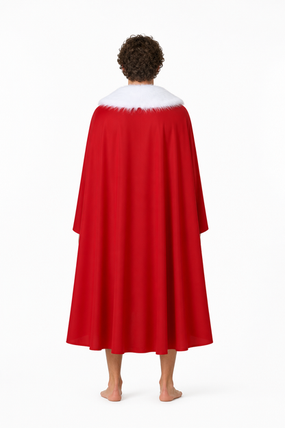 Long Red Cape with a White Fluffy Collar back view