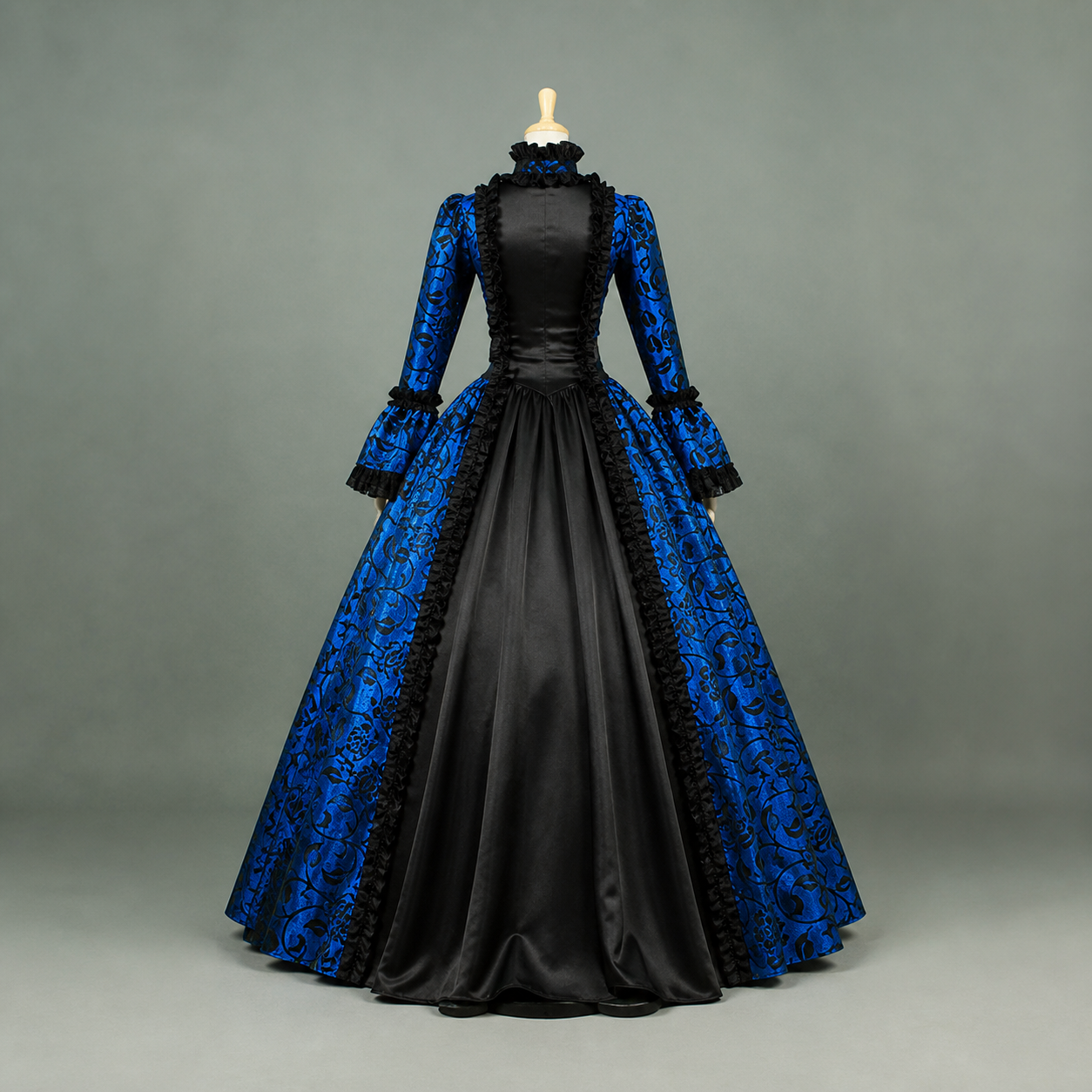 Vintage Blue and Black Dress with Ruffles and a High Collar back view
