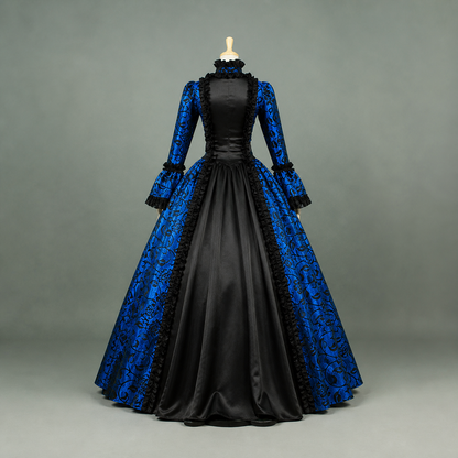 Vintage Blue and Black Dress with Ruffles and a High Collar back view