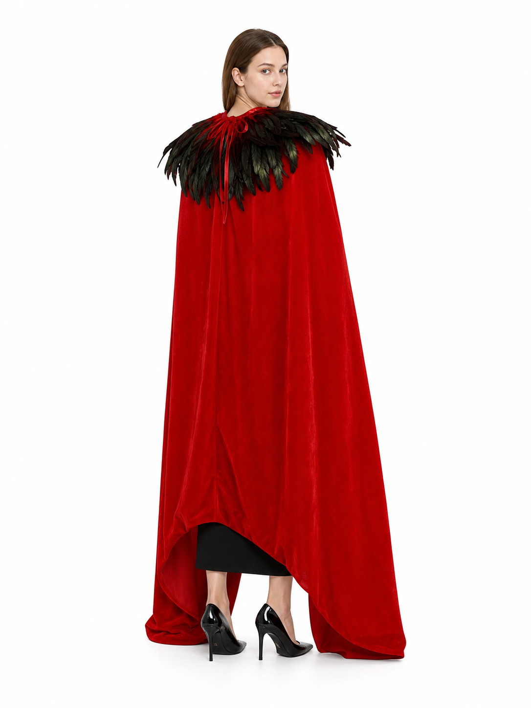 Red Velvet Cape with Feather Trim