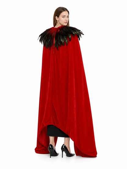 Red Velvet Cape with Feather Trim