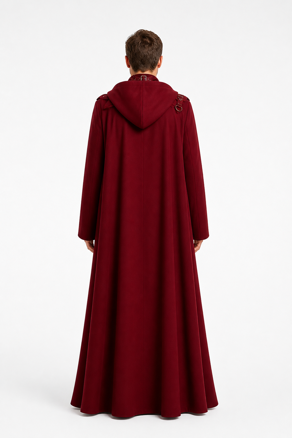 Long Dark Red Hooded Cloak with Rings back view