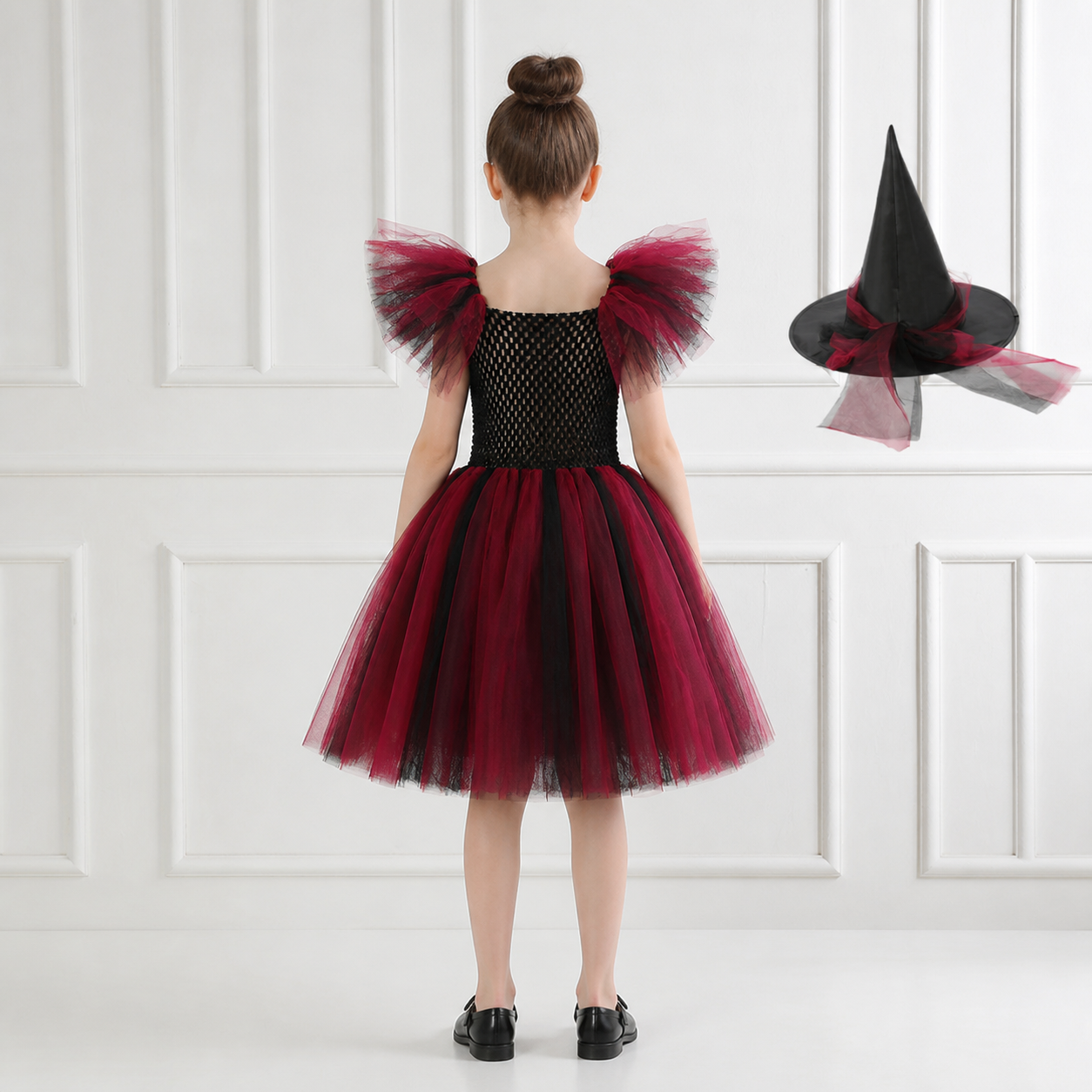 Black and Red Witch Costume with Full Skirt and Hat back view