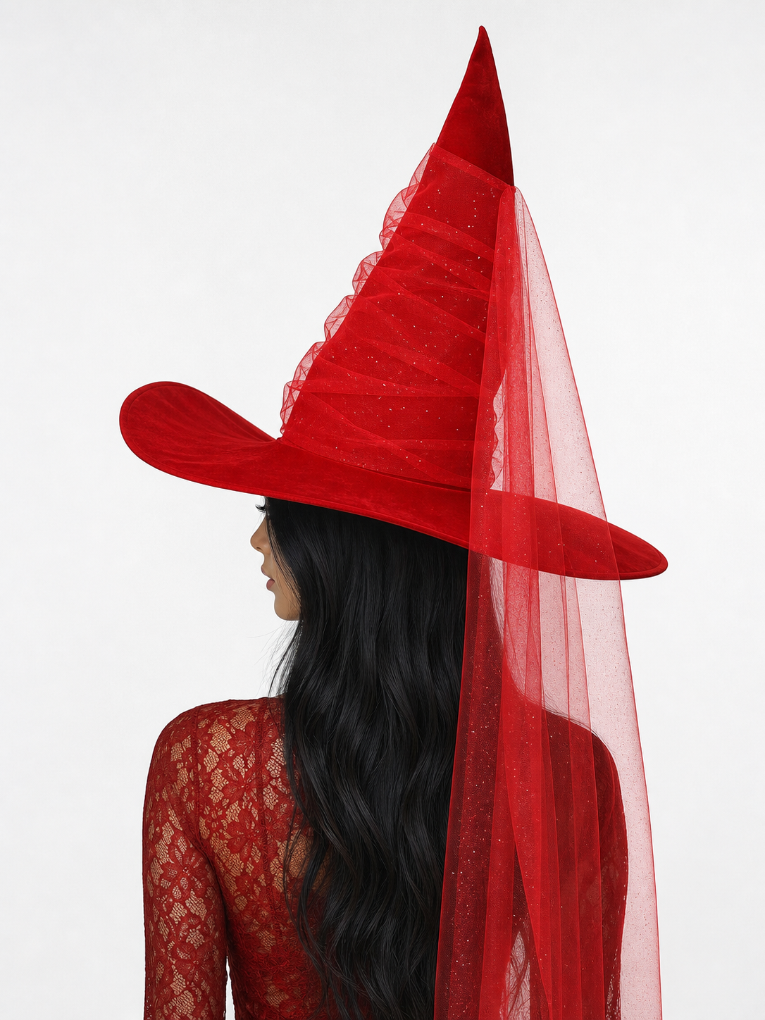 Red Halloween Witch Hat Tall Pointed Cone Wide Curved Brim Sheer Layered Glitter Speckled Costume Accessory for Parties and Photography