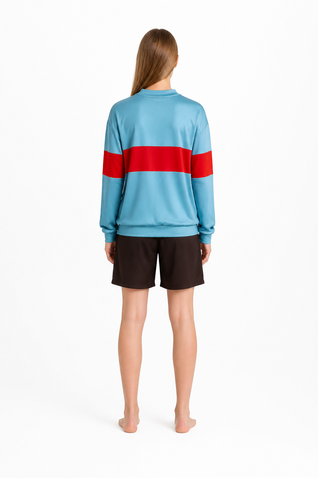 Cosplay costume with a light blue sweatshirt and shorts