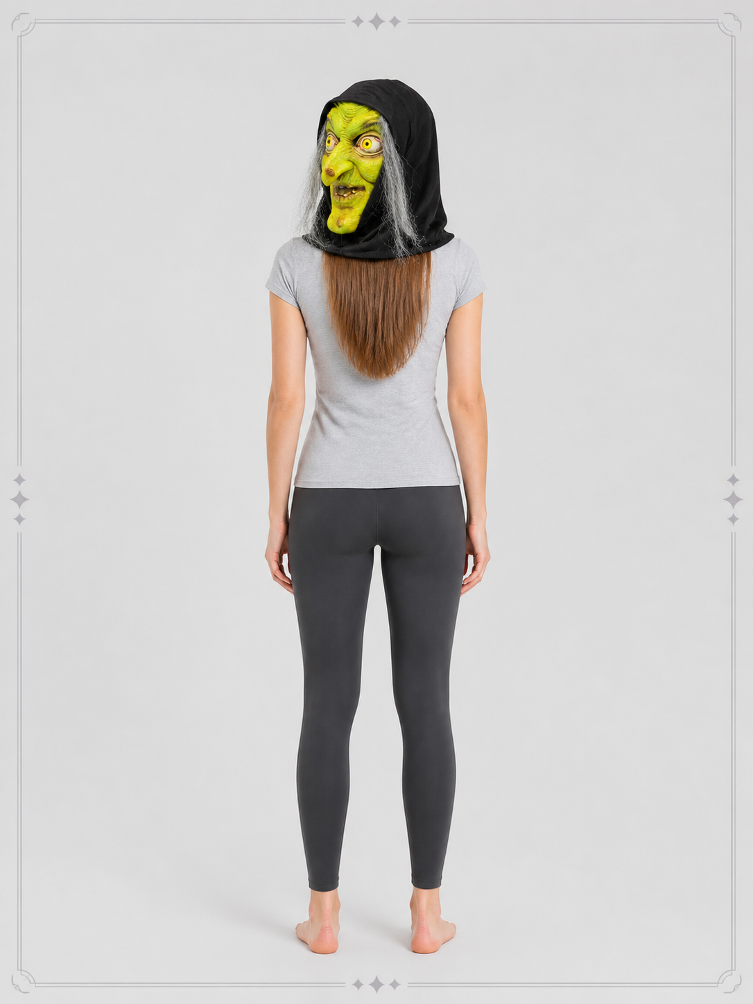 Carnival Witch Mask with Hood and Gray Hair back view