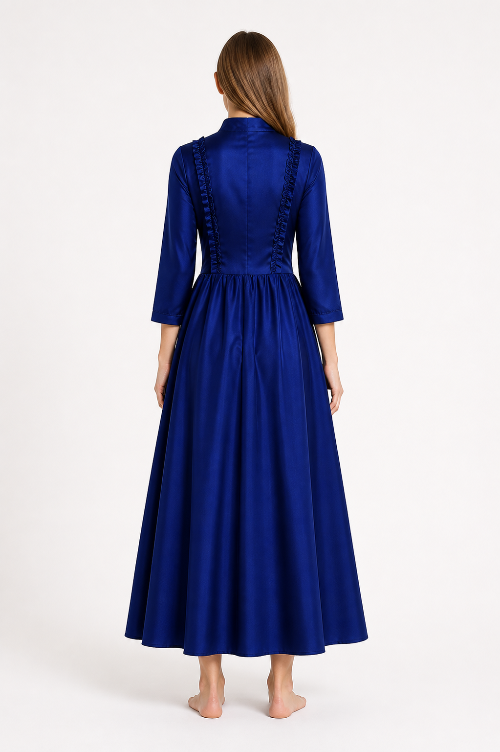 Vintage Blue Dress with High Collar and Buttons back view
