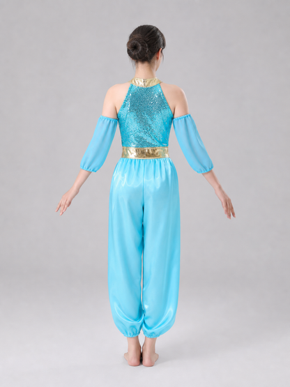 The princess costume is designed in an Arabic style and includes a light blue back view