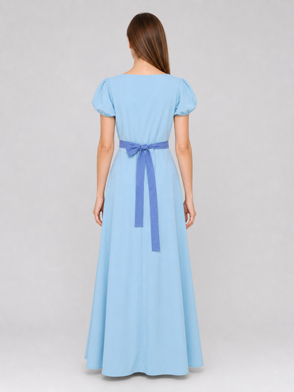 Peter Pan cosplay dress in light blue with contrasting purple-blue details. This style features a round neckline, short sleeves, and a long silhouette with a fitted upper body and a flared A-line skirt. The waist has contrasting ties that a