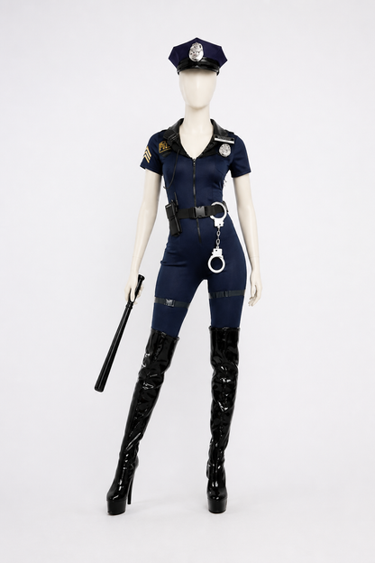 Police Carnival Costume, Jumpsuit with Belt and Cap back view
