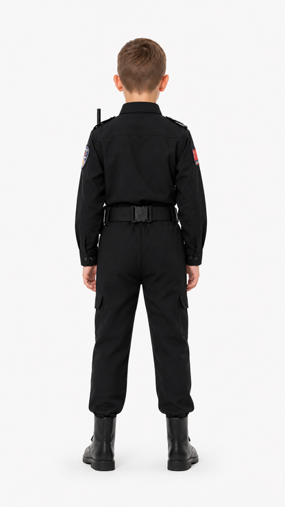 Children's Black Police Officer Costume with Belt back view