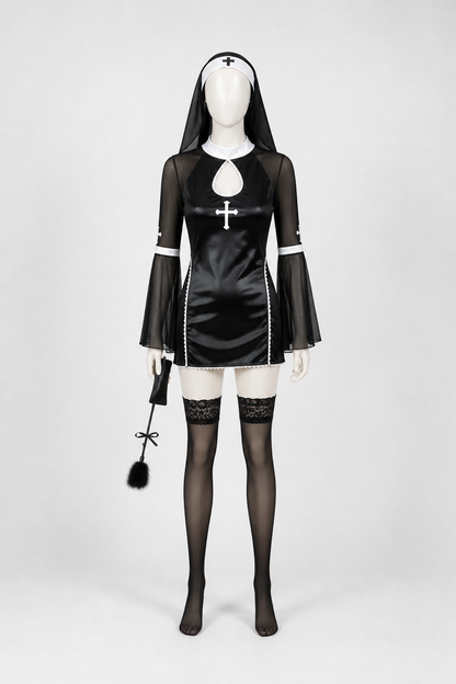 Black and White Nun Costume with Cross for Halloween back view