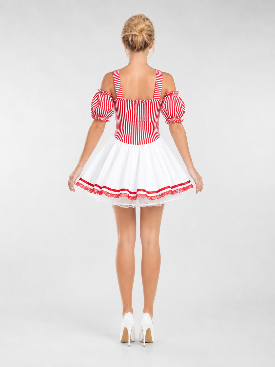 Cosplay costume dress with a striped bodice