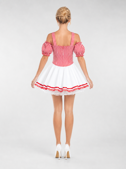 Cosplay costume dress with a striped bodice