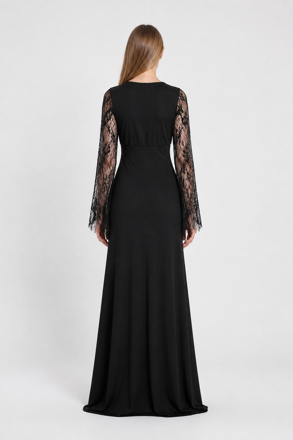 Black Dress with V-Neck and Lace Sleeves back view