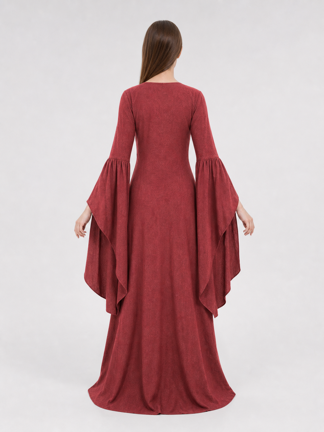 Burgundy Floor-Length Dress with Long Sleeves and Belt