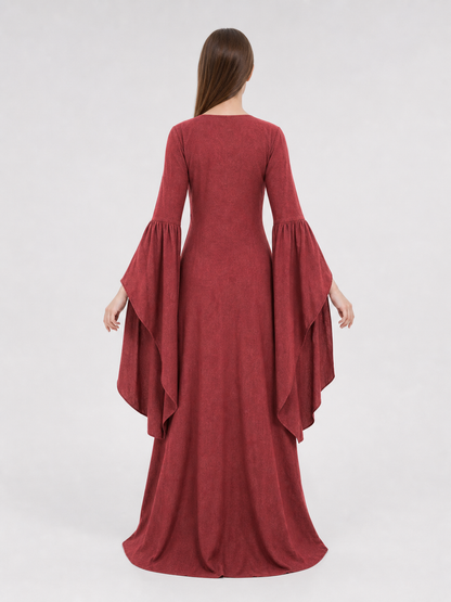 Burgundy Floor-Length Dress with Long Sleeves and Belt