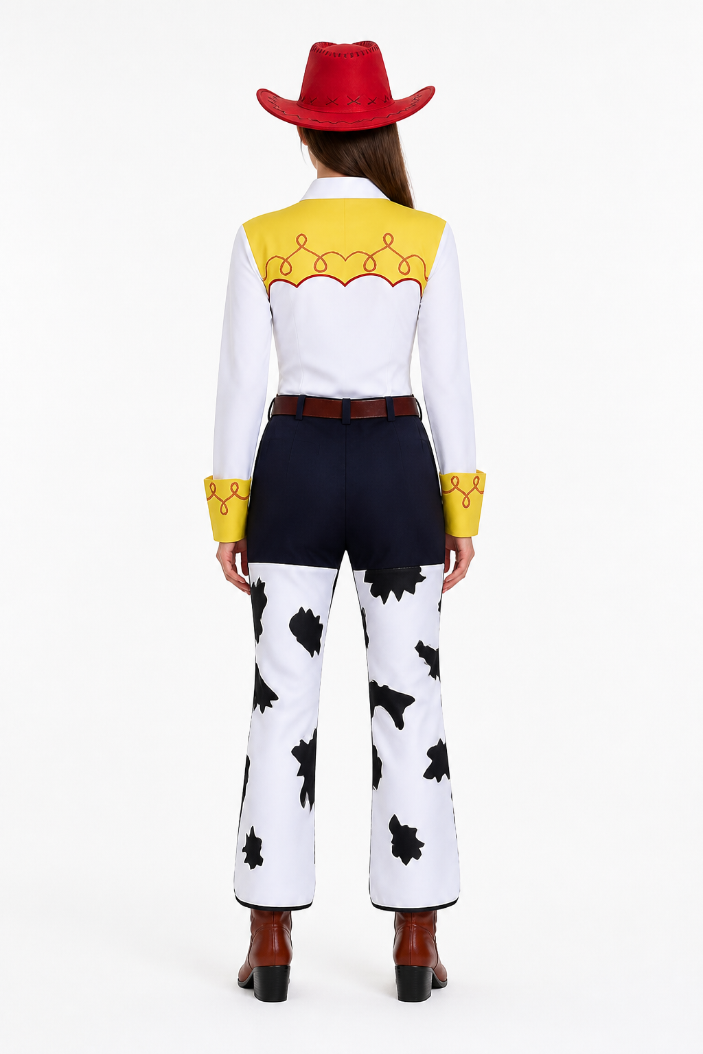 Jessie Costume with Cowboy Hat and Cow Print back view