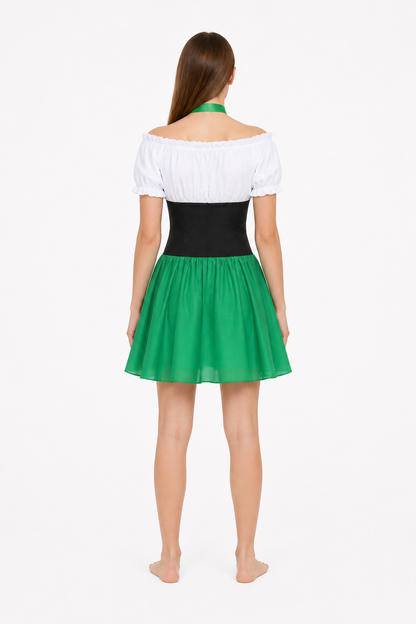 Dress with a White Insert and Green Collar back view