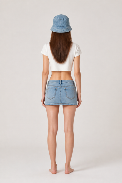 Clothing Set: Bucket Hat, Cropped Top, and Skirt back view