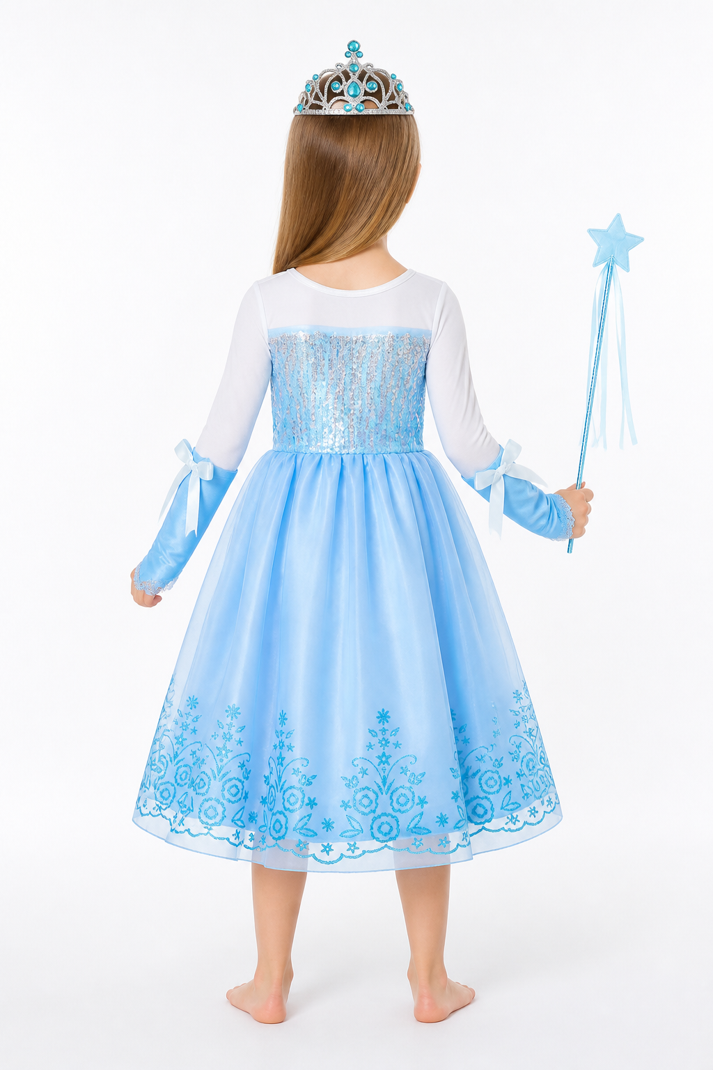 Blue Girls' Dress with Sequins and Crown back view