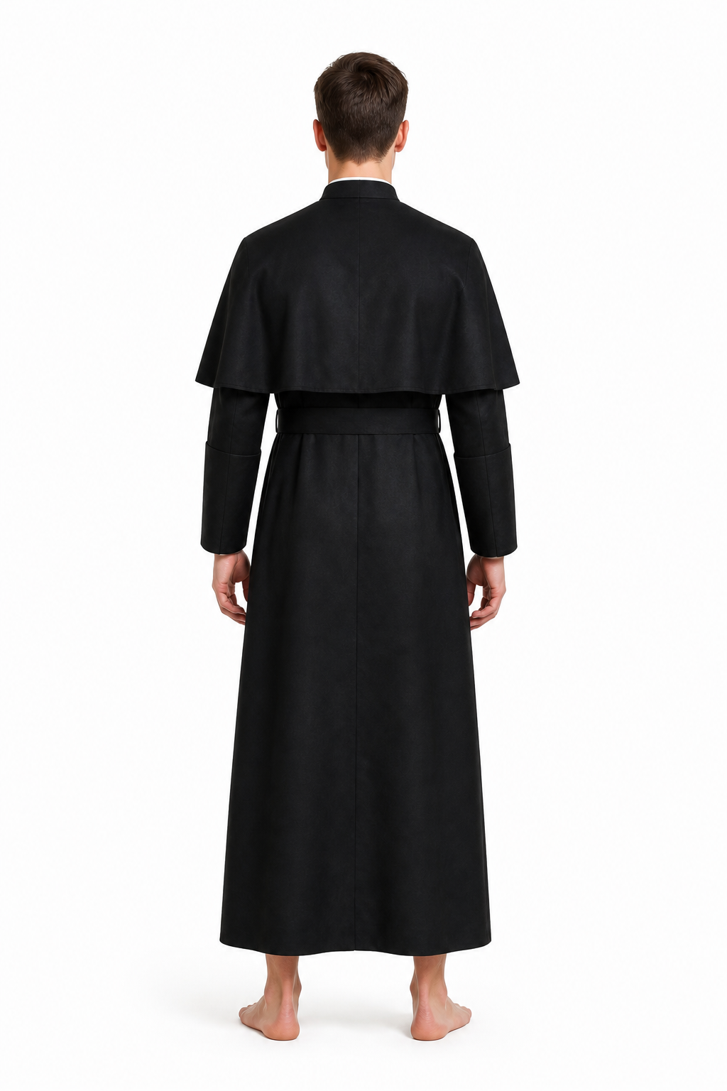 Long Black Cassock with a Cross and White Collar back view
