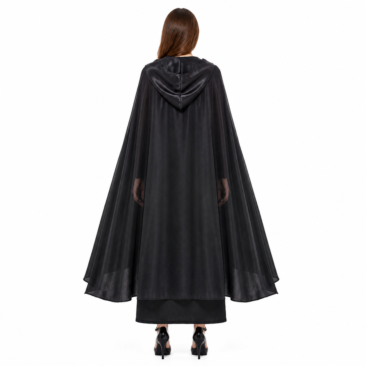 Costume: Black Hooded Cape and Dress back view