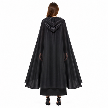 Costume: Black Hooded Cape and Dress back view