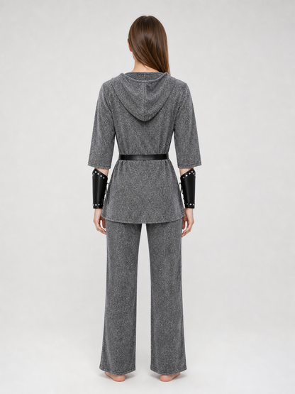 The set is designed in a medieval style and is suitable for creating a cosplay or stage-performance look. It includes a gray long top with a hood, a headpiece in the form of a gray hood, black bracers, and a black belt with a square buckle 