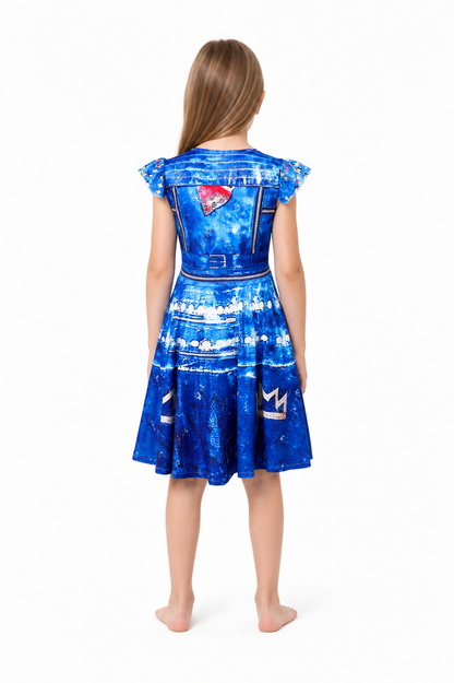 Children's Blue Halloween Dress with Crown and Lightning Bolts back view