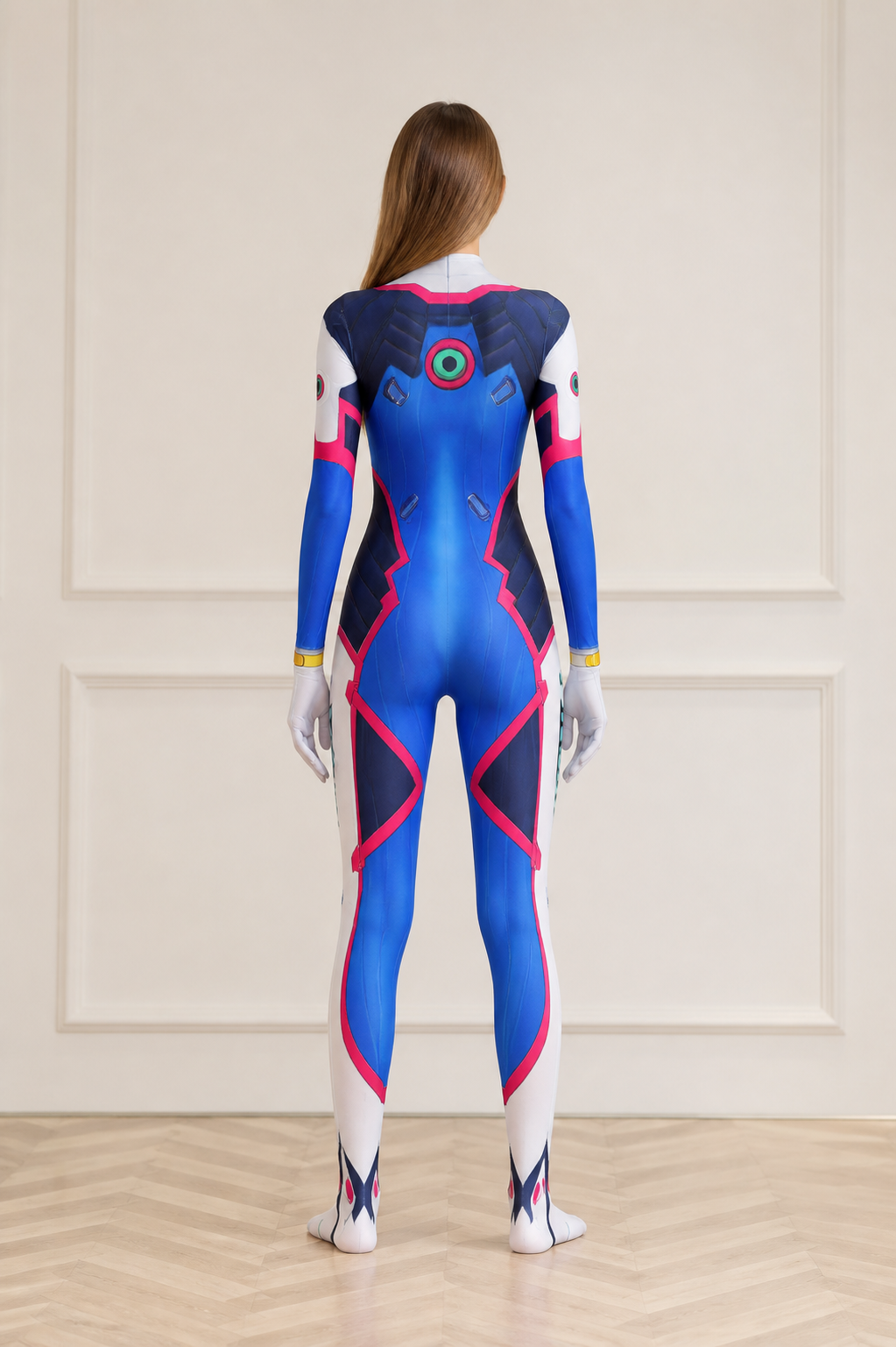 Fitted blue, white, and pink printed cosplay jumpsuit back view
