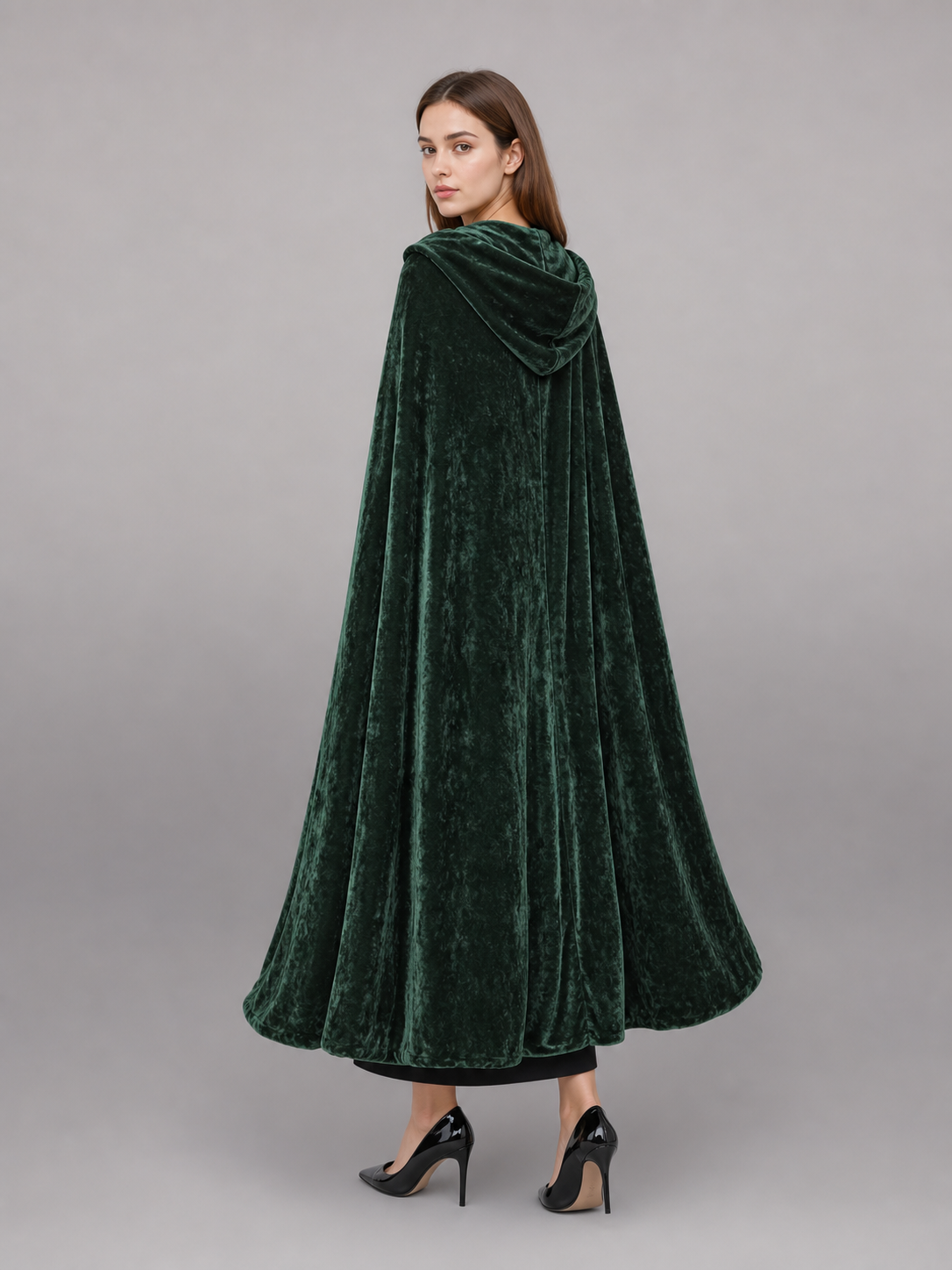 Dark green hooded velvet costume cape product view 58
