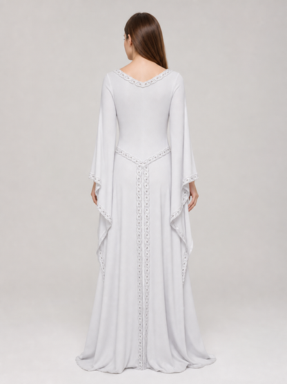 White Maxi Dress with Embroidery and Flared Sleeves
