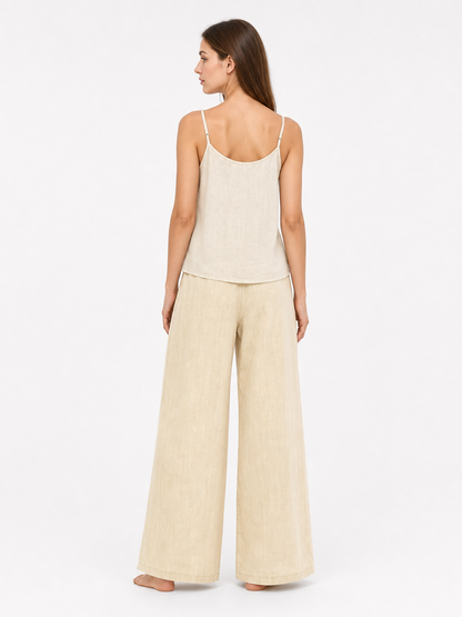 Beige Wide-Leg Pants with an Elastic Waistband and Drawstring back view 2