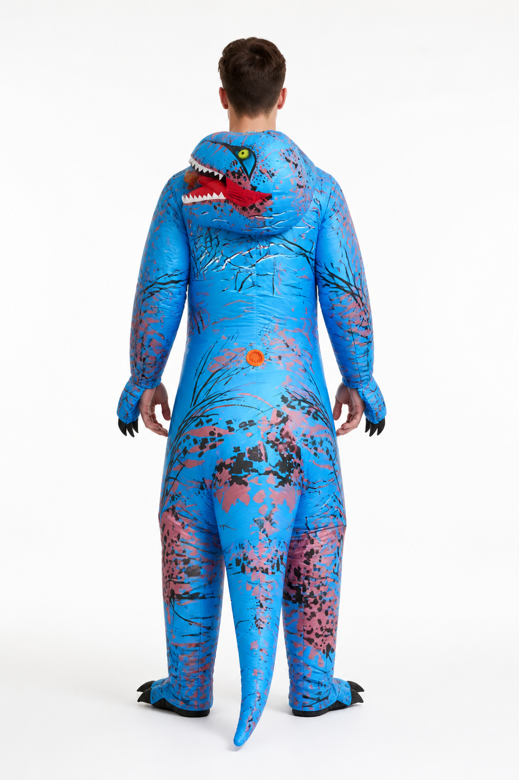 Blue Dinosaur Costume with Open Mouth and Long Tail back view