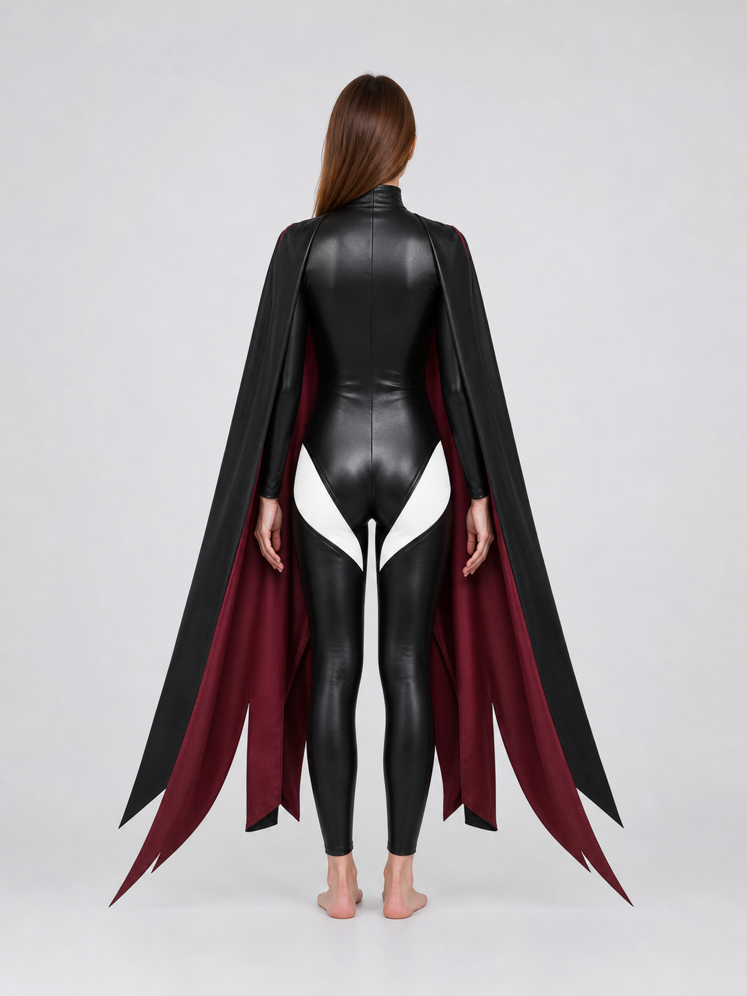 X-Men cosplay costume with cape in a black and burgundy color scheme. The set includes a one-piece costume and a cape, combined into a striking look for role-play transformations and themed events, including Halloween. The design features a