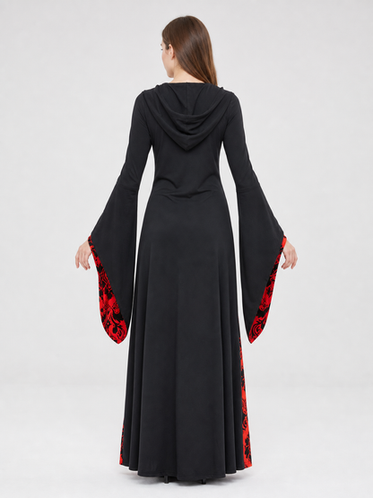 Gothic Hooded Dress with Red Pattern