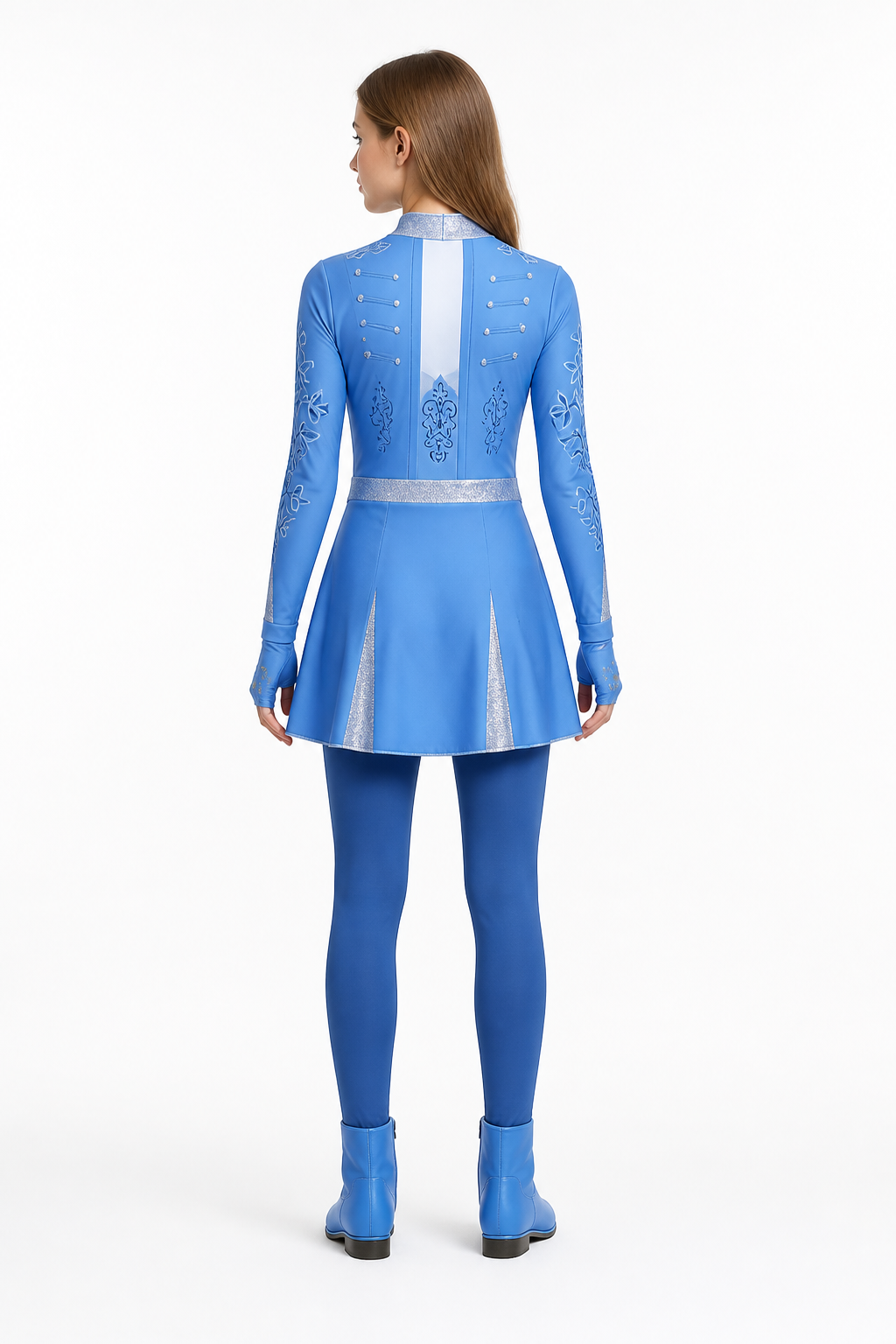 Children’s blue carnival costume with a white collar back view