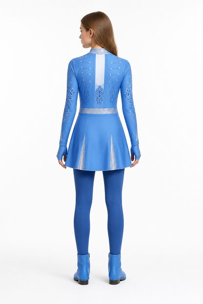 Children’s blue carnival costume with a white collar back view