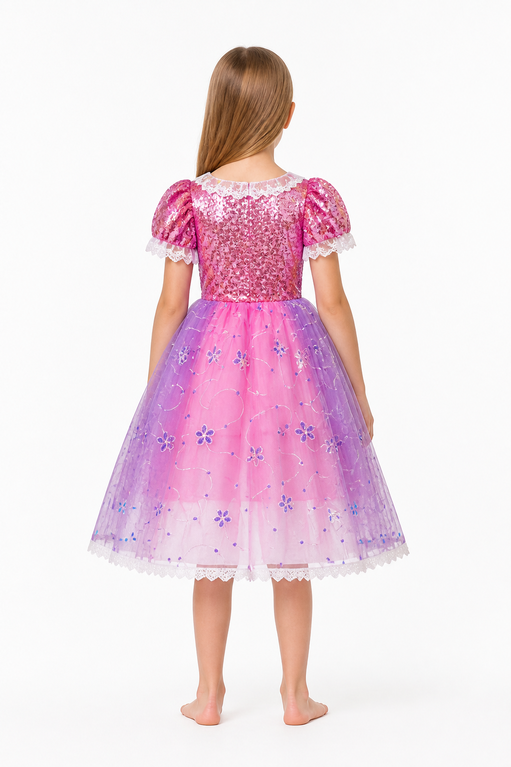 Girls’ Dress with Sequins, a Full Skirt, and Flowers back view