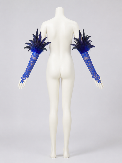 Blue Lace Feather Carnival Gloves, Pair