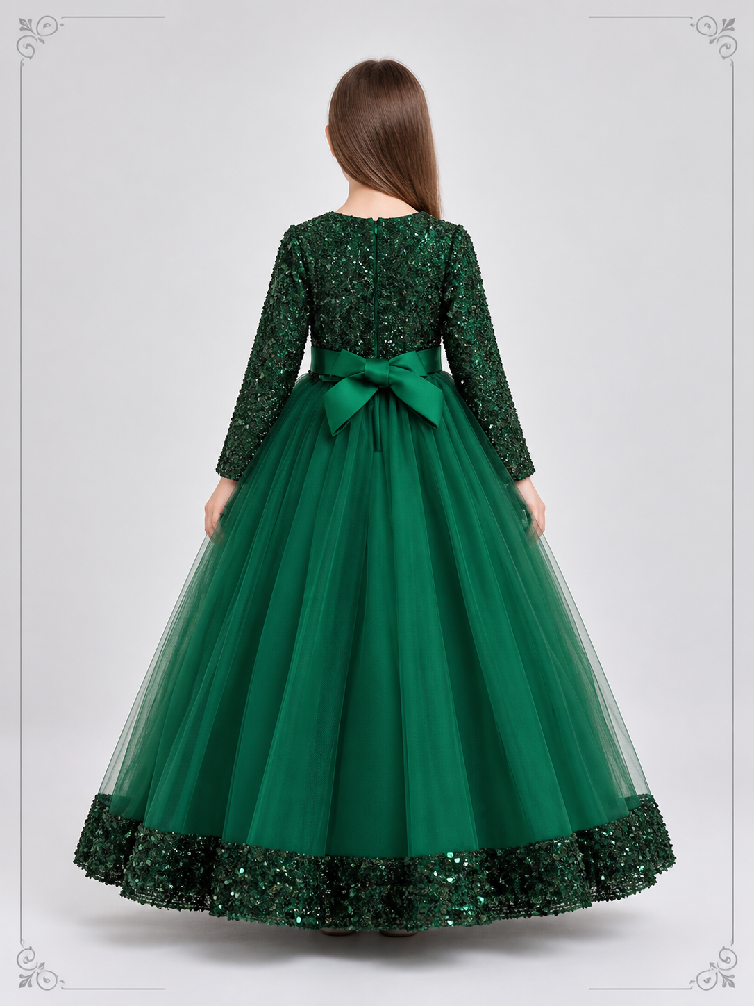 Dark green long dress with sequins and a bow